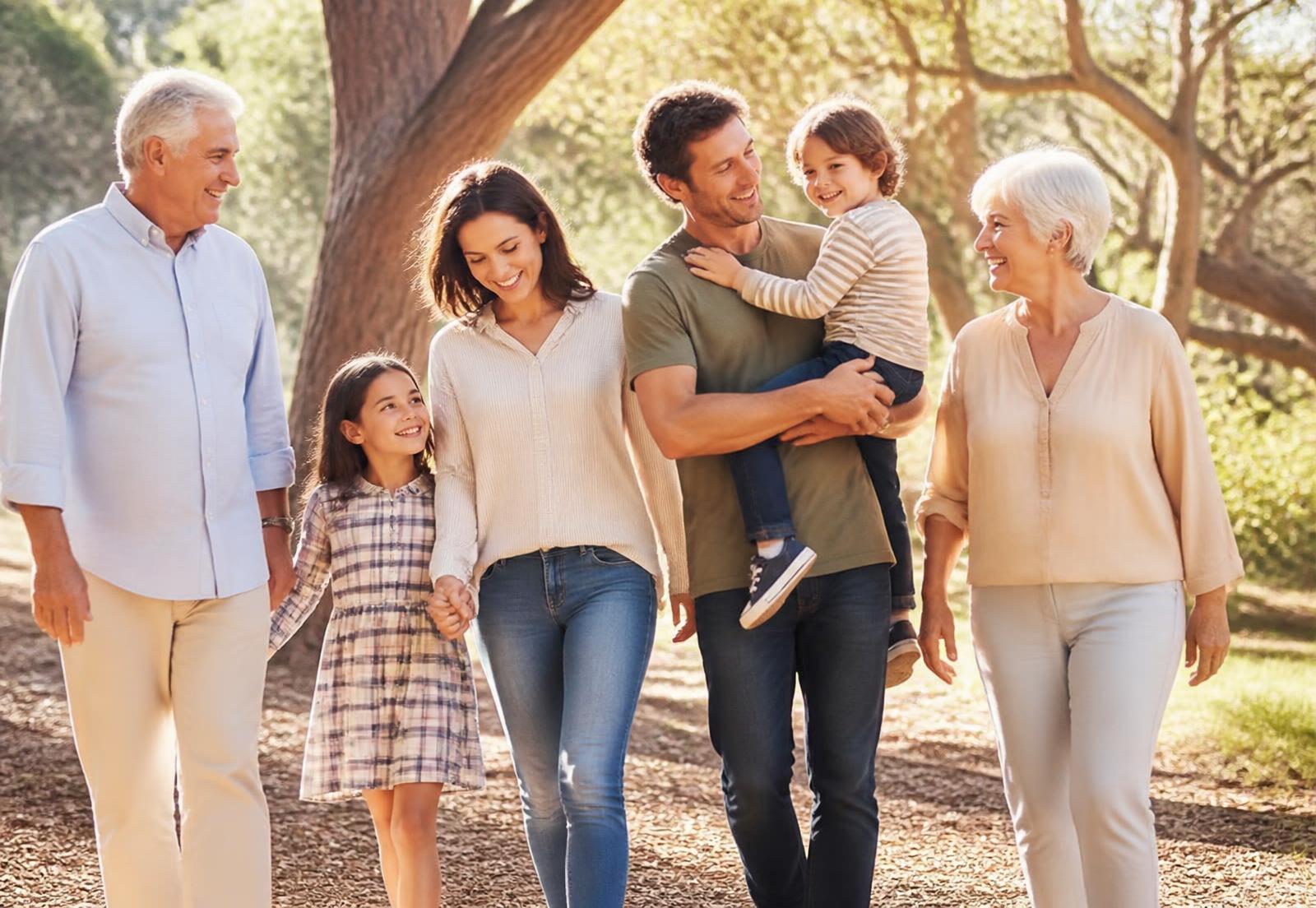 A multigenerational family walking together outdoors