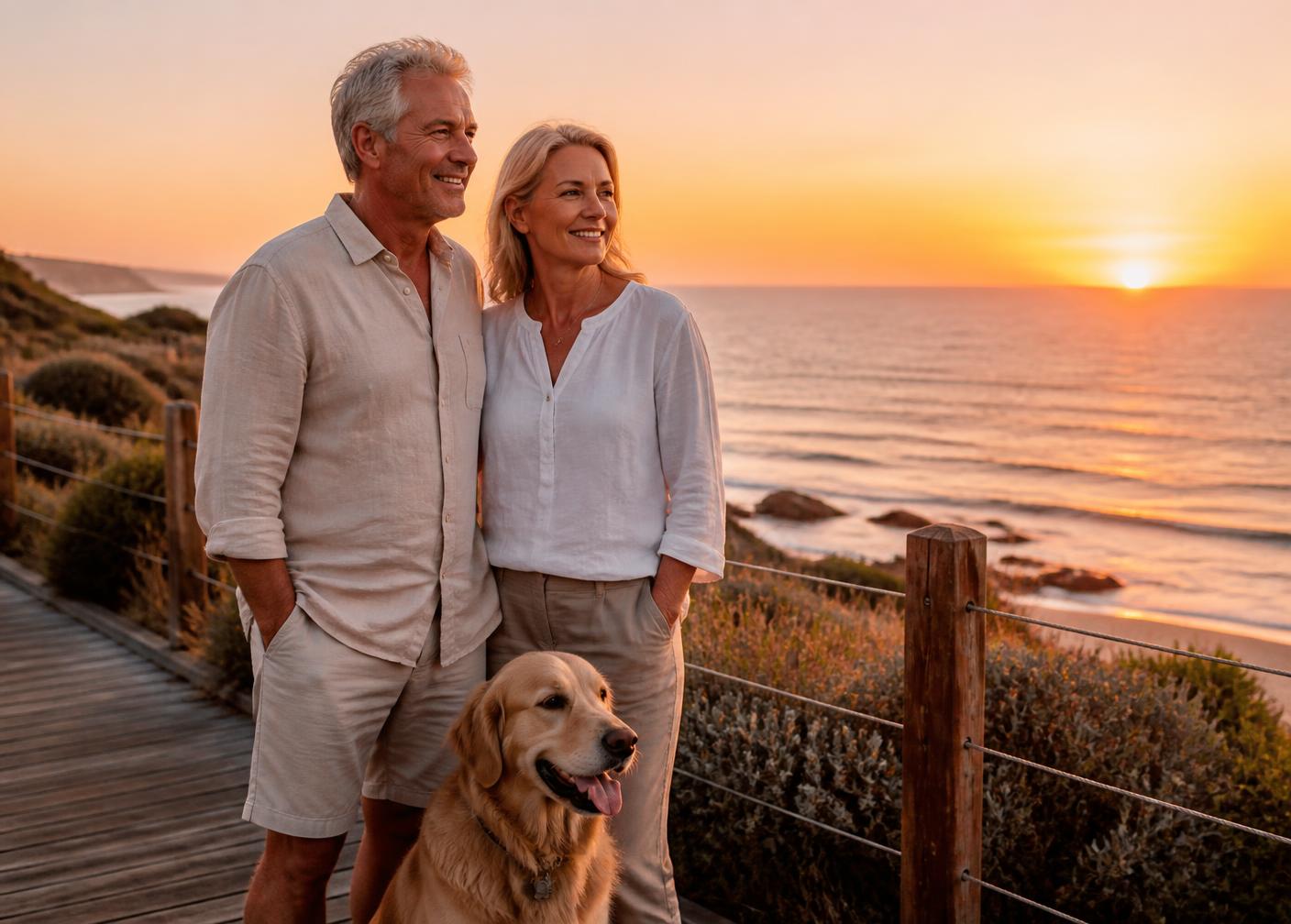 A retired couple enjoying a coastal walk at sunset